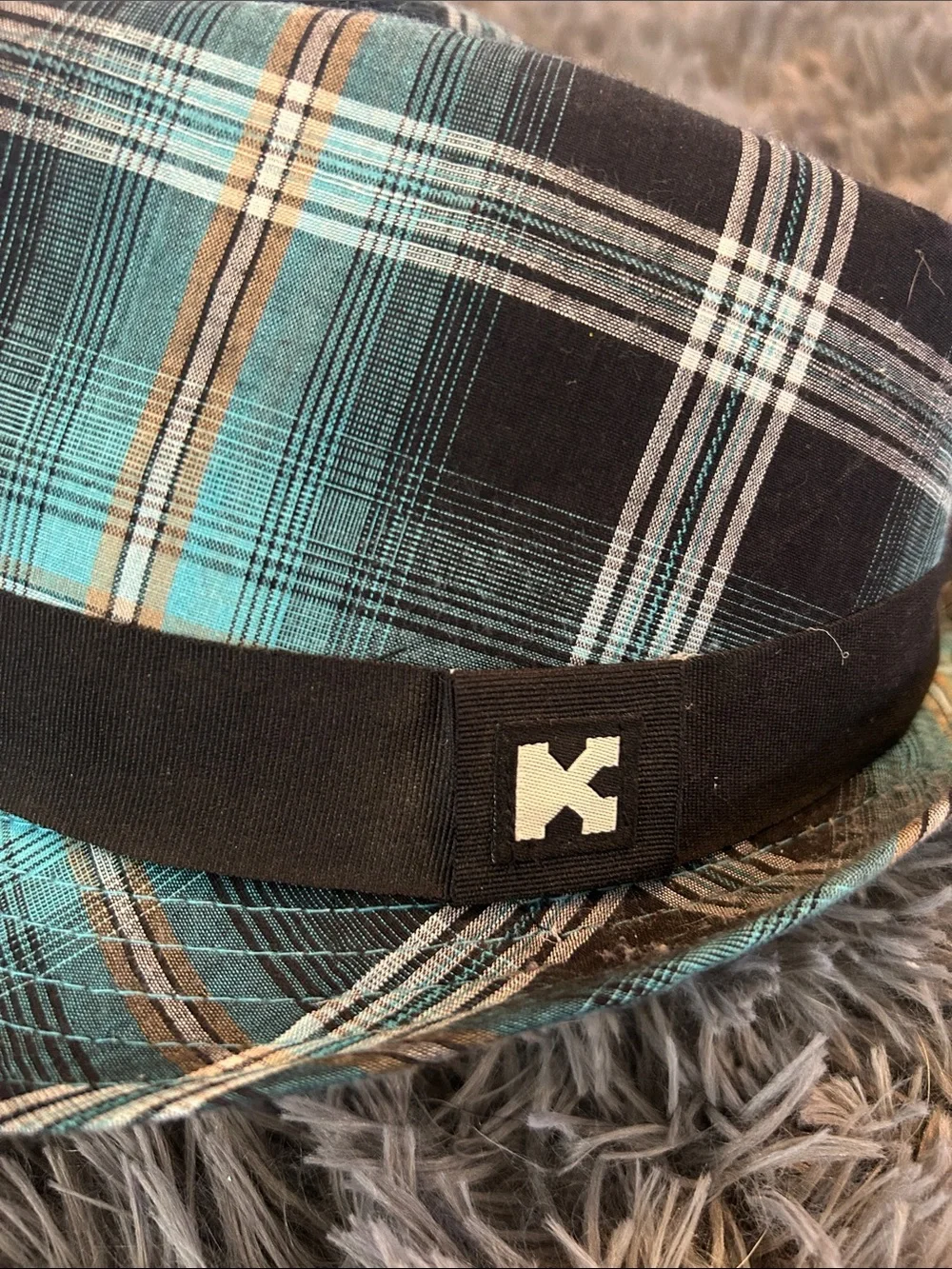 Kenny k Plaid Teal & Black Fedora with Signature Logo